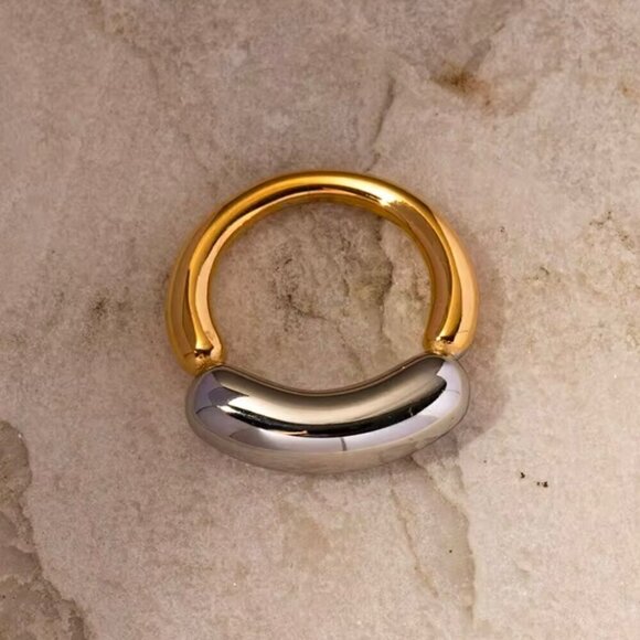 NWT 18K Gold Plated Minimalist Statement Chunky Ring Sz. 7 Two-tone Avant Garde - Picture 5 of 14